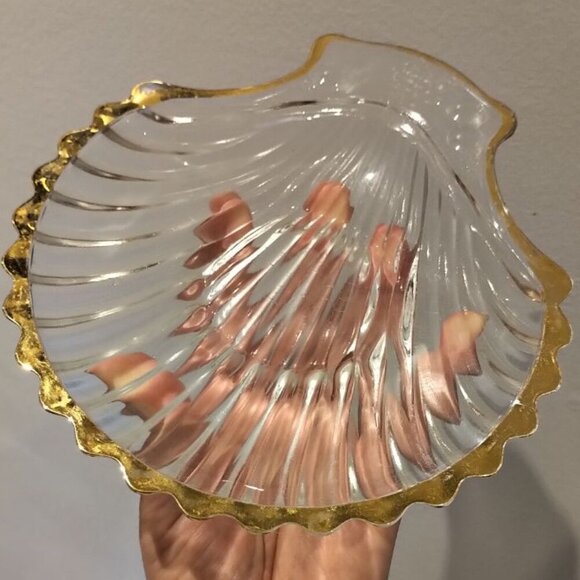 🌷2/35🌷Vntg Seashell Crystal Glass Trinket Dish 18k Gold Rim with Fruits Grapes - Picture 5 of 16